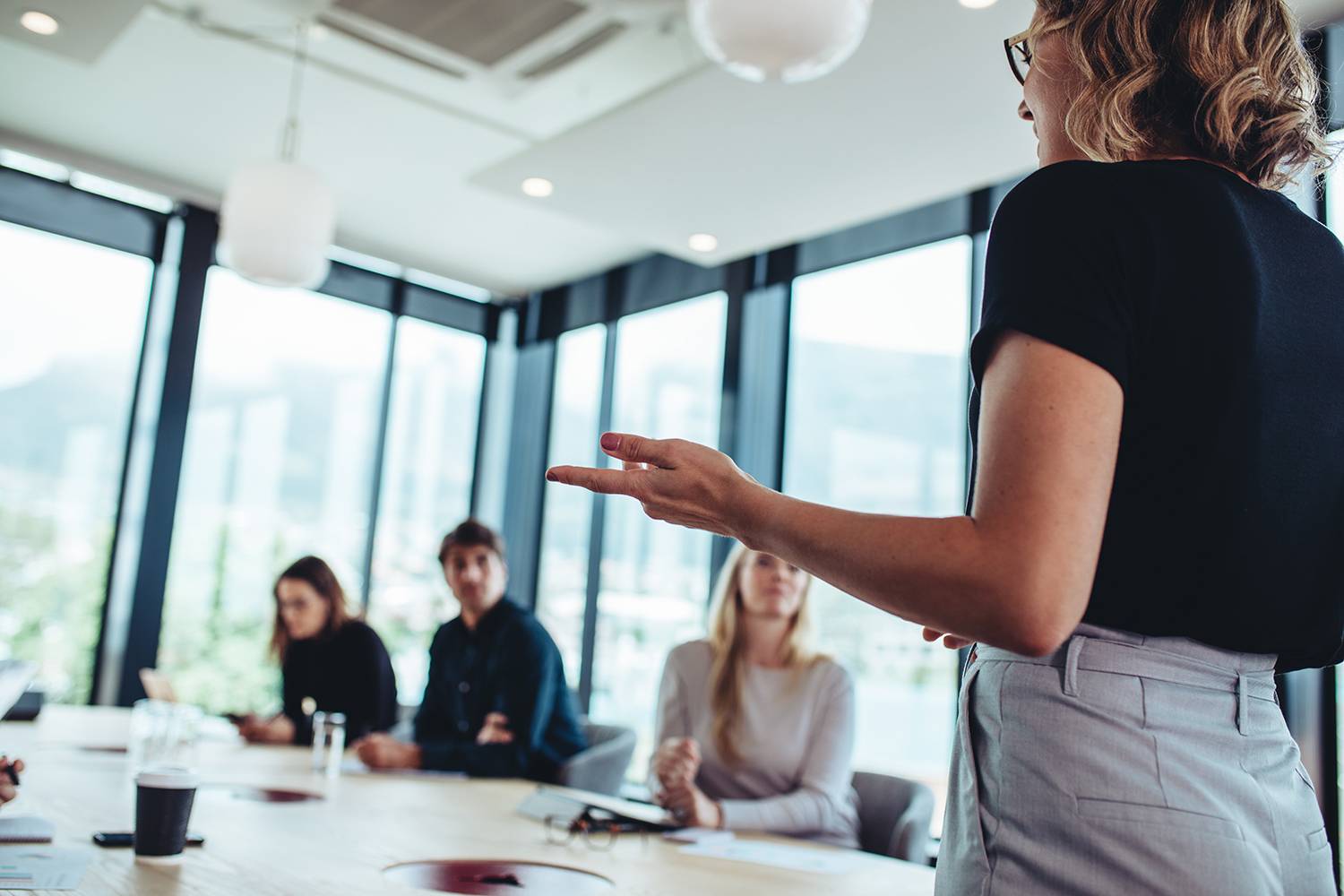 young businesswoman speaks to a table of colleagues